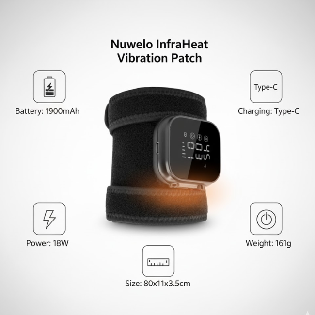 Nuwelo InfraHeat Vibration Patch with specifications on a white background