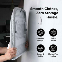 LivinH Foldable ironing board held by a person with text highlighting features on a white background.