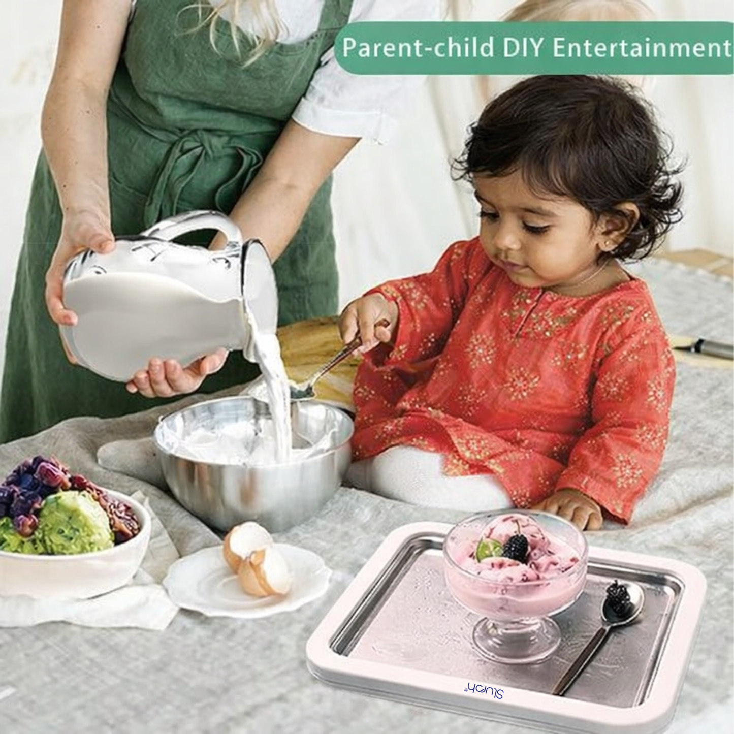 Child in red outfit enjoying the process of making ice cream at home, with text 'Parent-child DIY Entertainment'.