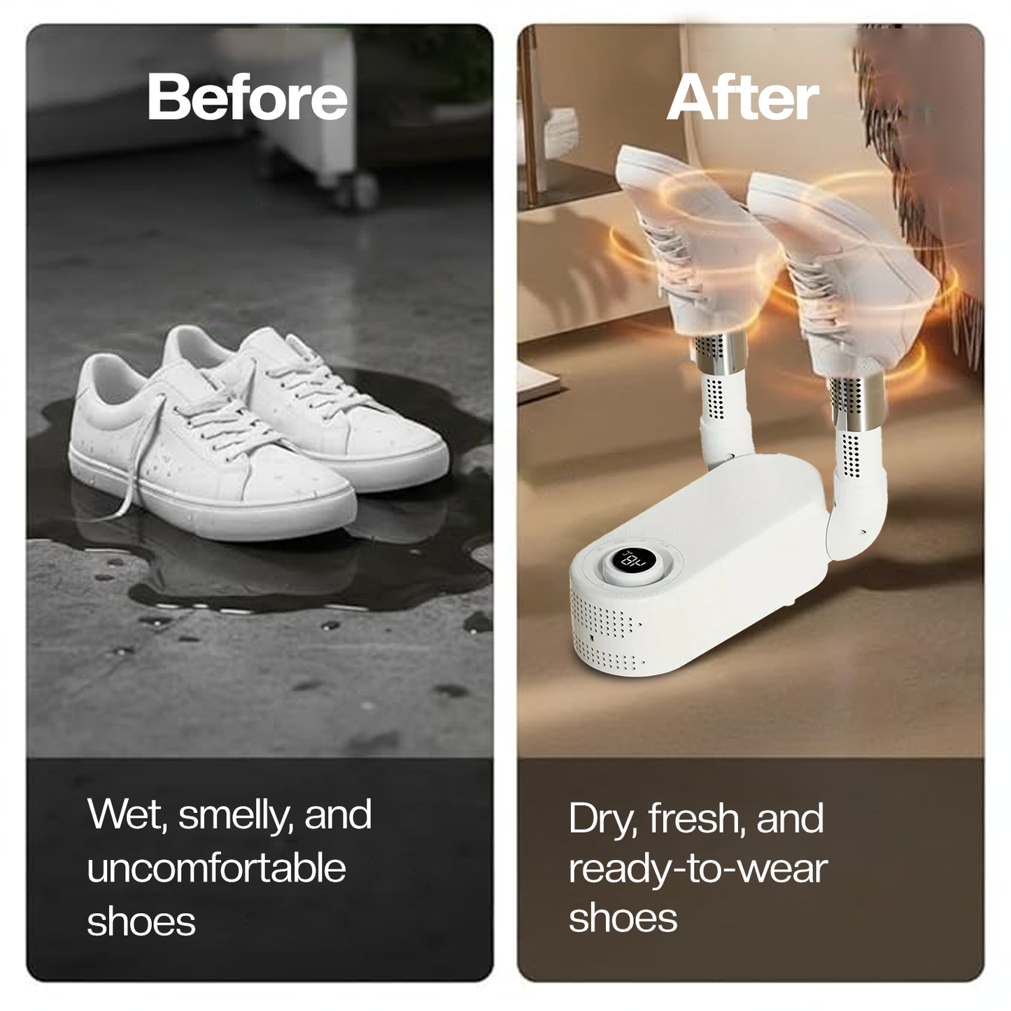 Before and after comparison of wet, smelly shoes being dried with LivinH portable shoe dryer.