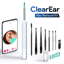 Nuwelo Clear Ear Wax Removal Kit with smartphone app, white device, and various ear wax cleaning tools on a white background