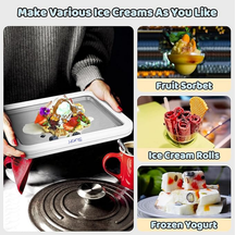 Slursh Ice cream making tray with images of various ice cream types and a person using the ice cream making tray.