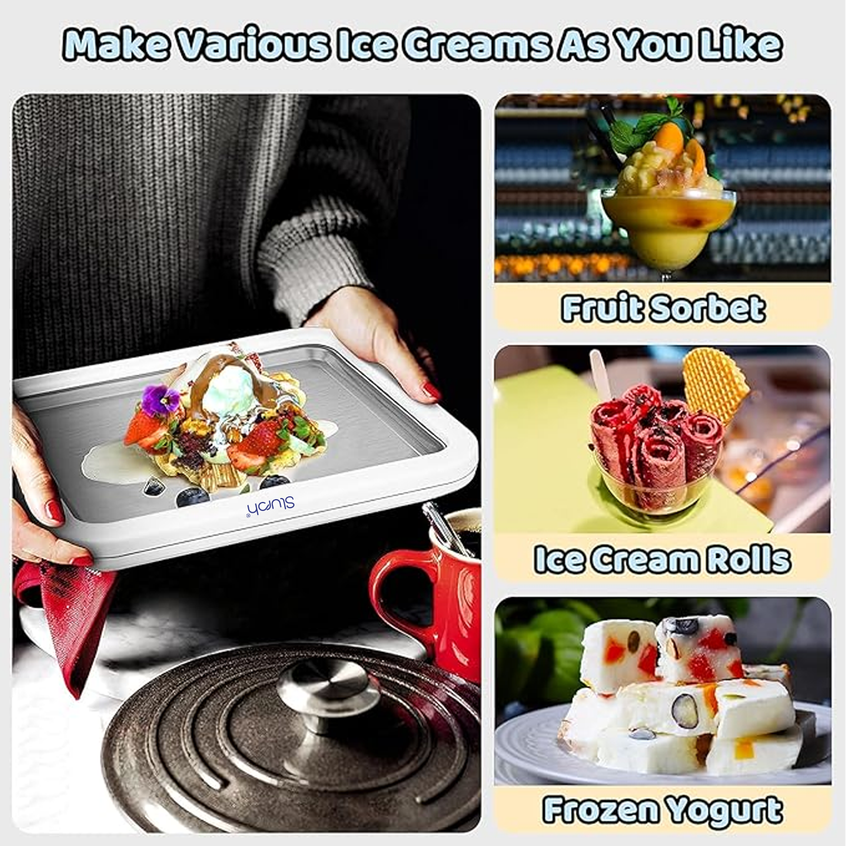 Slursh Ice cream making tray with images of various ice cream types and a person using the ice cream making tray.