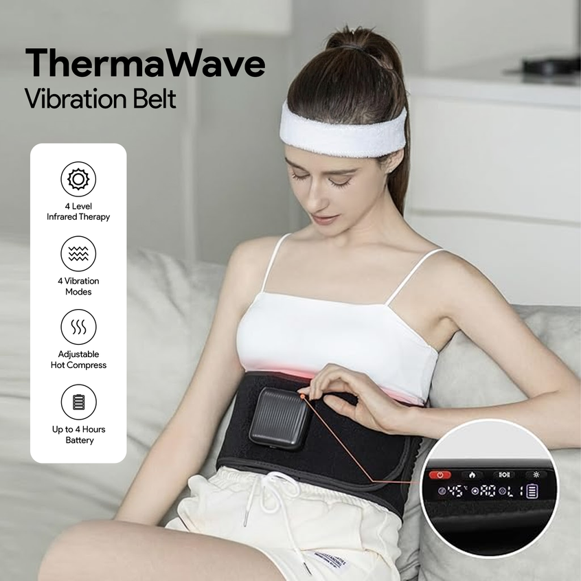 Woman using Nuwelo ThermaWave vibration belt for pain relief with product features displayed.