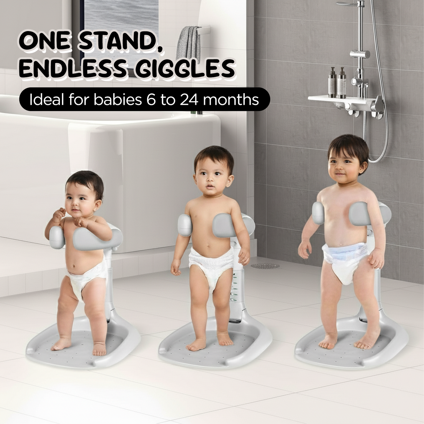 Three children on trulittle adjustable baby bath stand, baby shower seat in a bathroom setting.
