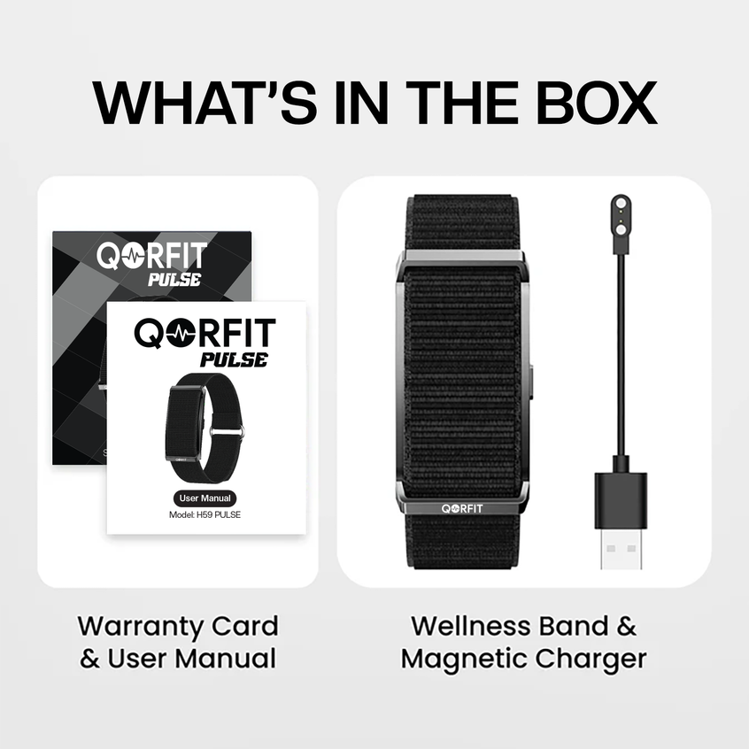 Qorfit Pulse fitness tracker with packaging, USB cable, magnetic charger, and manual on a light gray background.