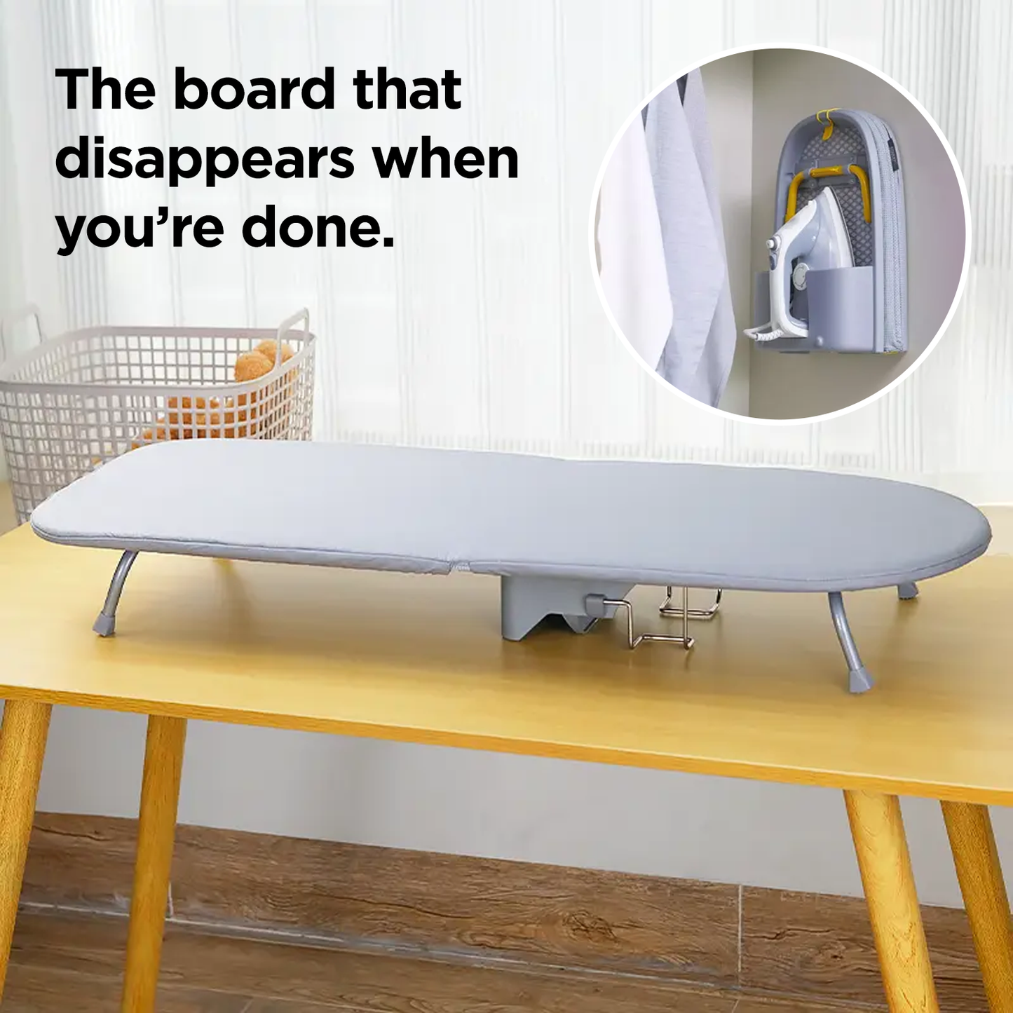 LivinH Gray Foldable ironing board on a yellow table with text 'The board that disappears when you're done.'