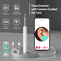 Nuwelo Clear Ear Wax Removal Tool with smartphone app on a gray background showing various features