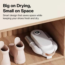 LivinH Portable Shoe dryer in a wooden shelf with text highlighting its space saving design.