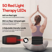 A woman using Nuwelo ThermaWave red light therapy vibration belt with text detailing features and benefits.