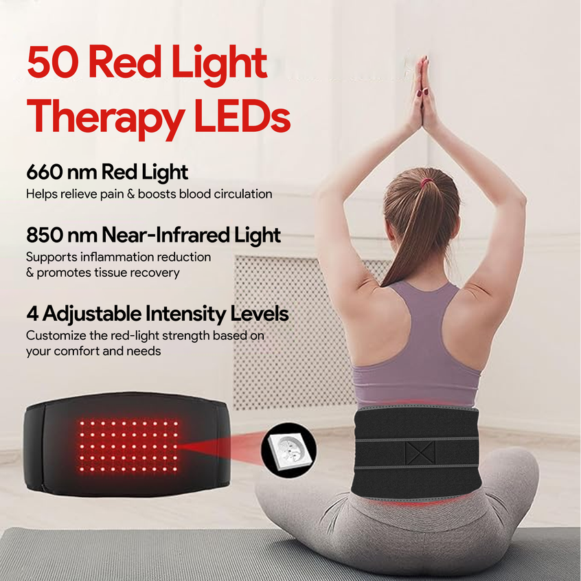 A woman using Nuwelo ThermaWave red light therapy vibration belt with text detailing features and benefits.