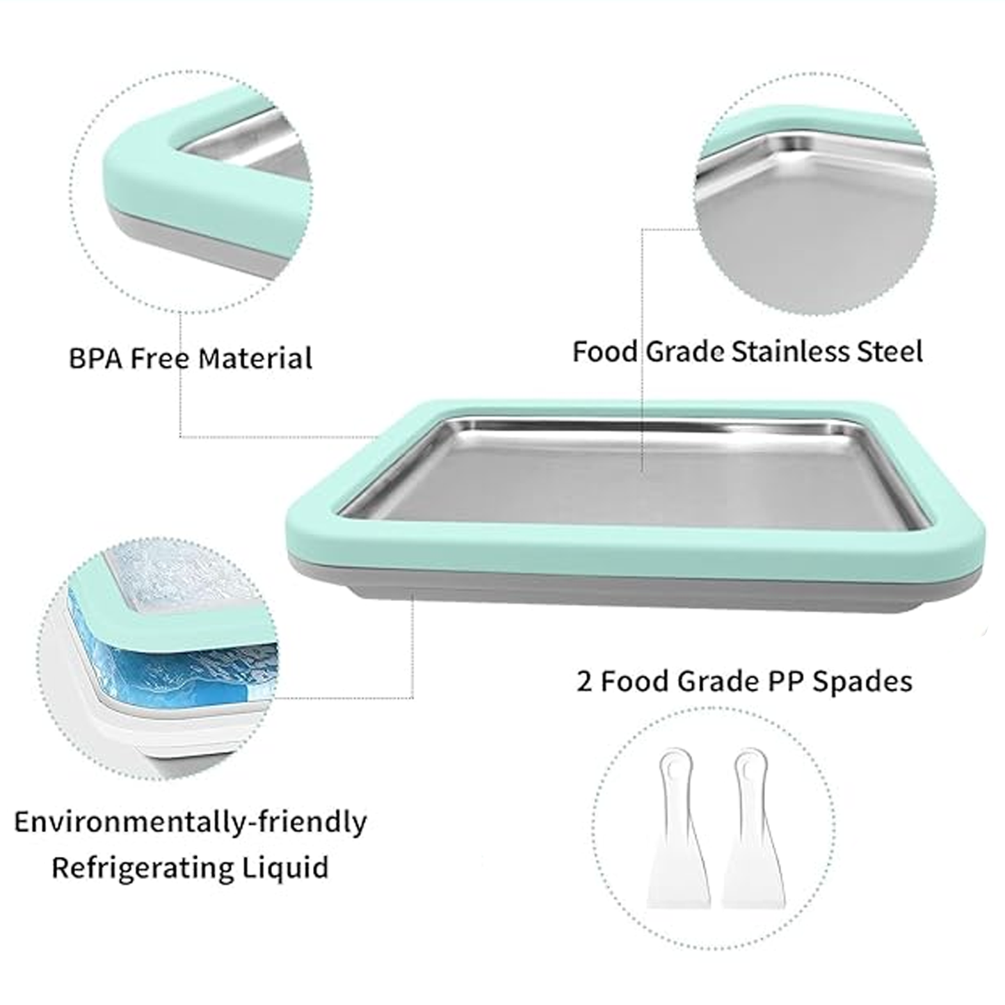 Teal and silver ice cream making tray with features highlighted on a white background