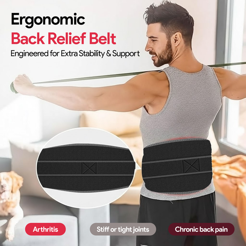 Man wearing Nuwelo ThermaWave Vibration Belt with product details and benefits highlighted.