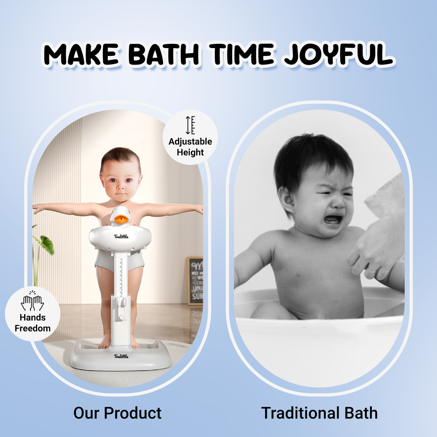 Comparison showing a baby using a trulittle adjustable baby bath stand and another baby in a traditional bath.