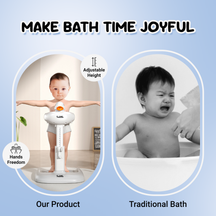 Comparison showing a baby using a trulittle adjustable baby bath stand and another baby in a traditional bath.