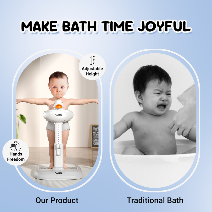 Comparison showing a baby using a trulittle adjustable baby bath stand and another baby in a traditional bath.