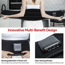 Person holding a black Nuwelo ThermaWave Vibraton Belt with text highlighting its features.