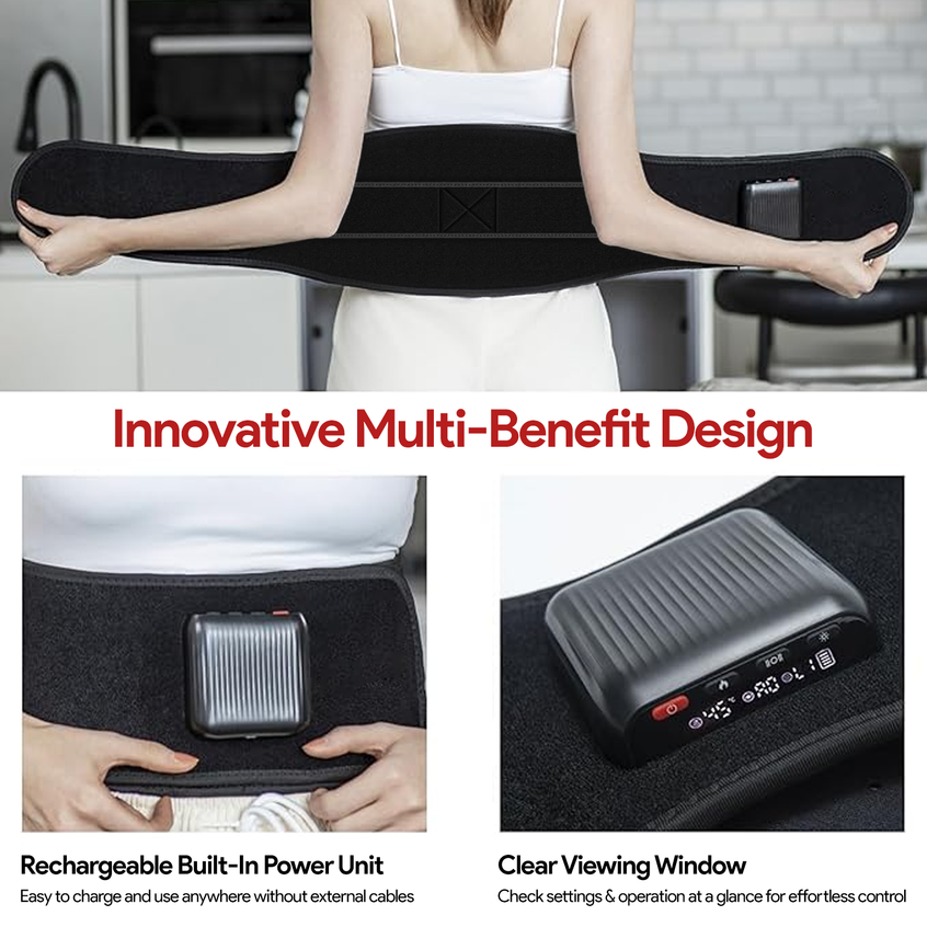 Person holding a black Nuwelo ThermaWave Vibraton Belt with text highlighting its features.