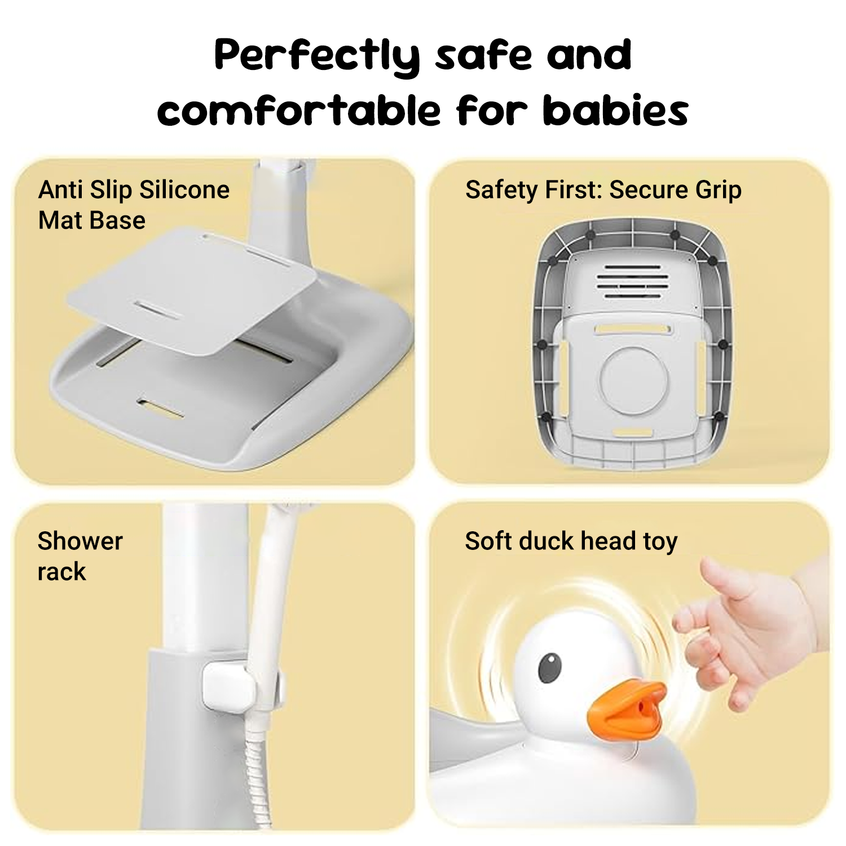 Collage of features of trulittle adjustable baby bath stand