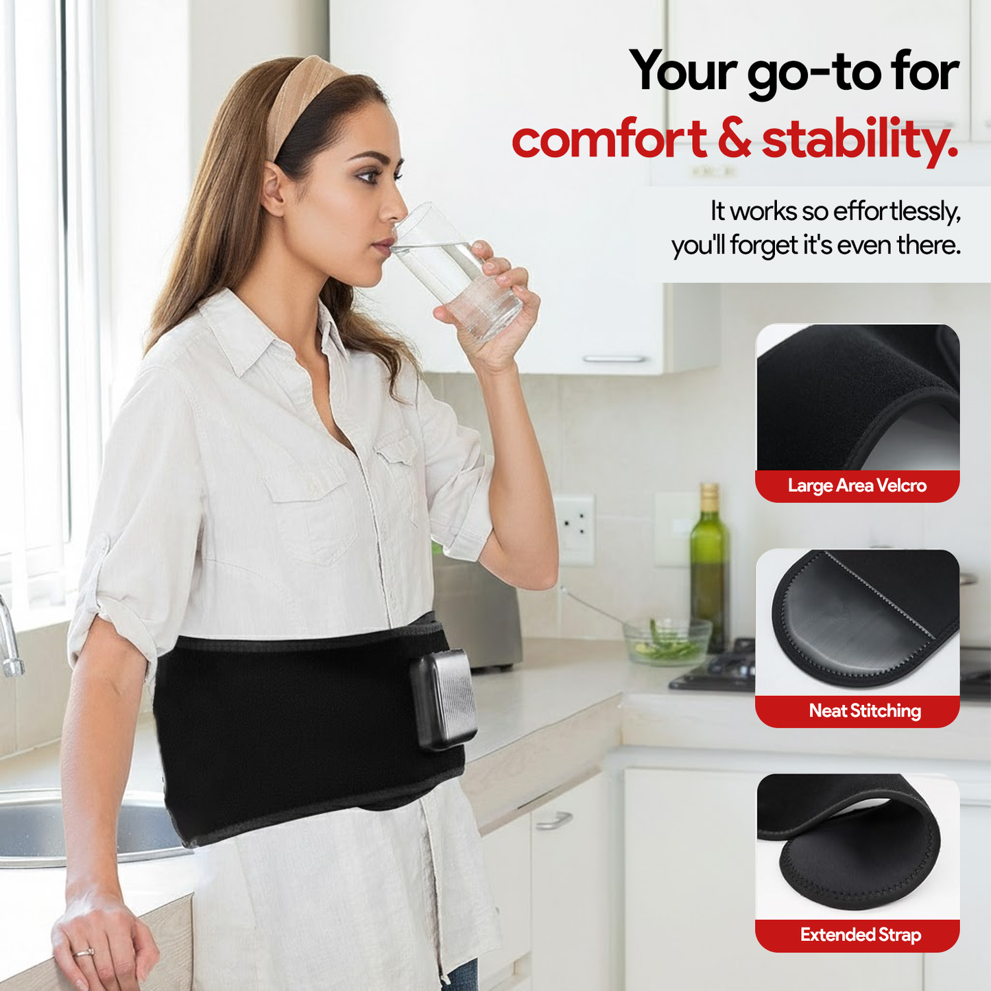 Woman using Nuwelo ThermaWave Vibration Belt in a kitchen, with product features highlighted.