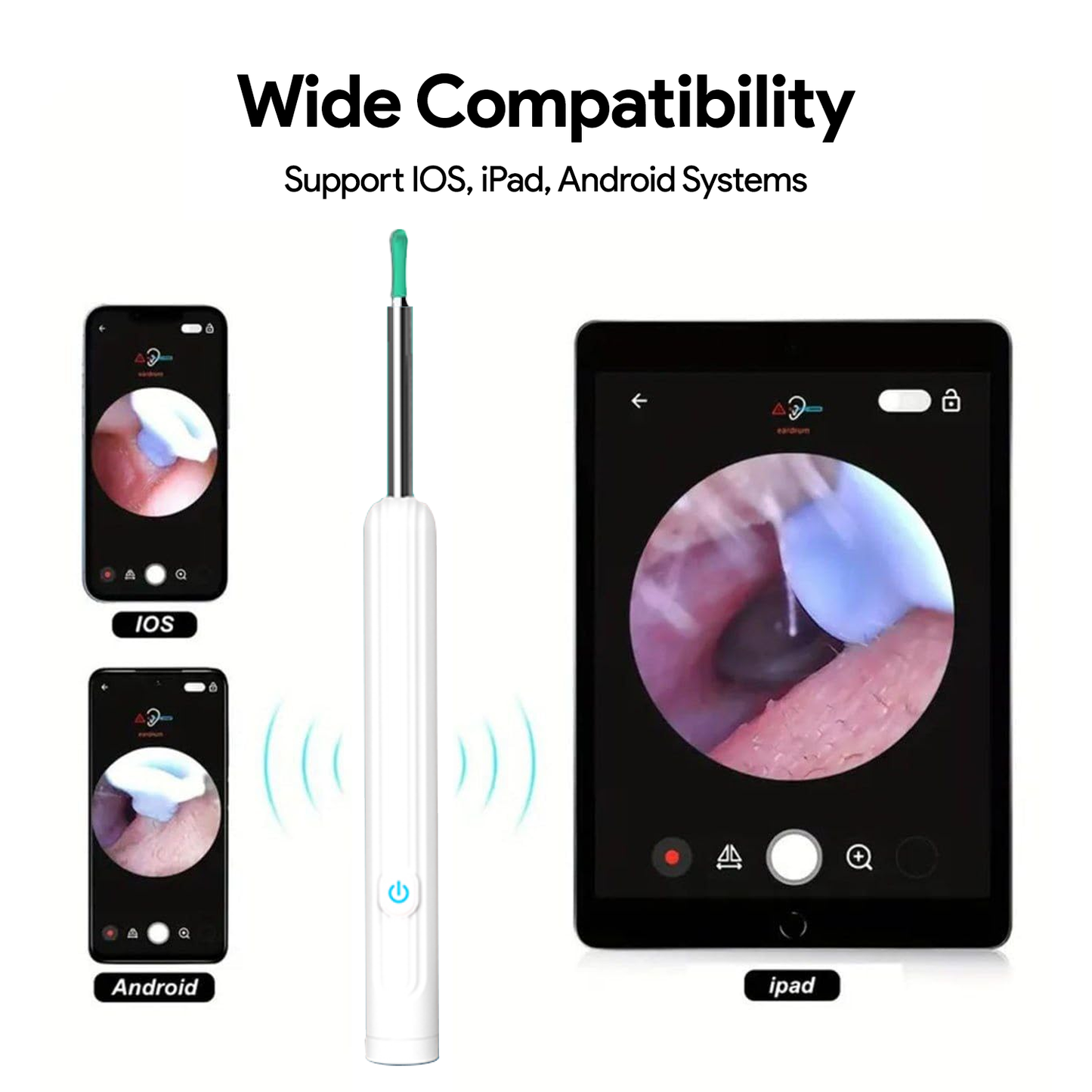 Nuwelo Clear Ear Wax Removal app with compatibility for iOS, iPad, and Android systems on a white background.
