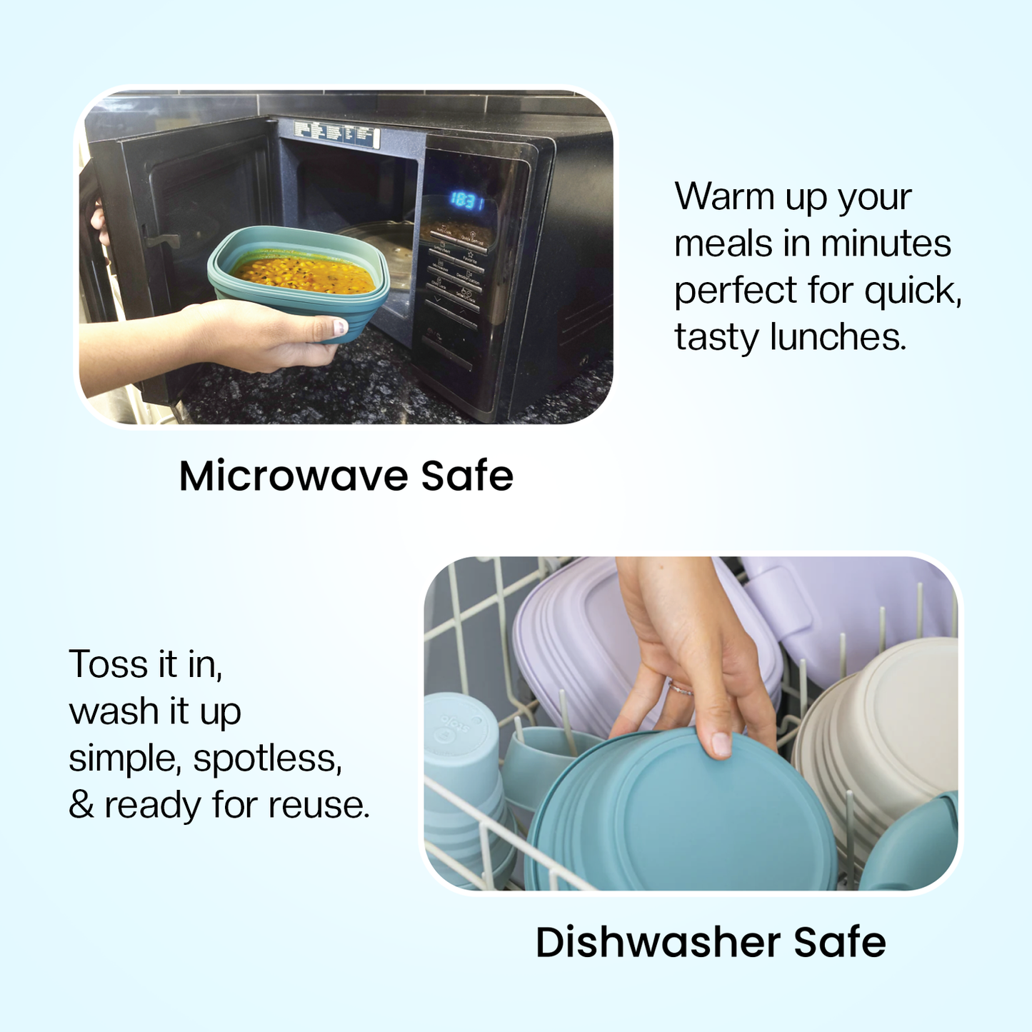 Collage of a person using a microwave and a dishwasher to wash Slursh Collapsible silicone box with text about the product's safety features.