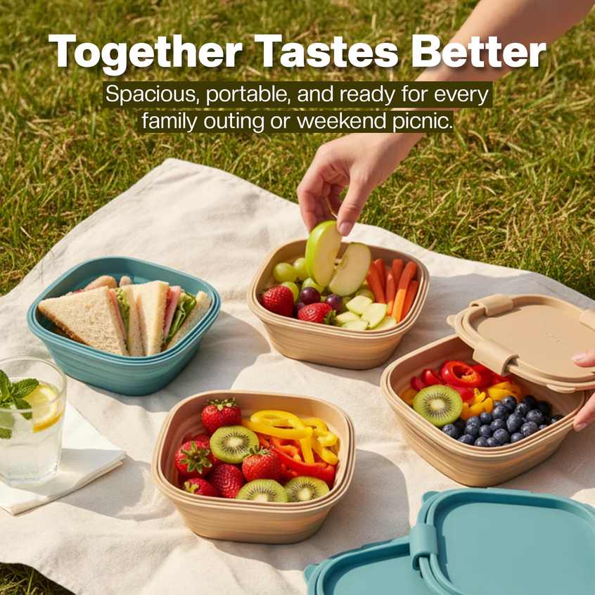 Picnic setup with reusable silicone foldable containers filled with food on a grassy field.