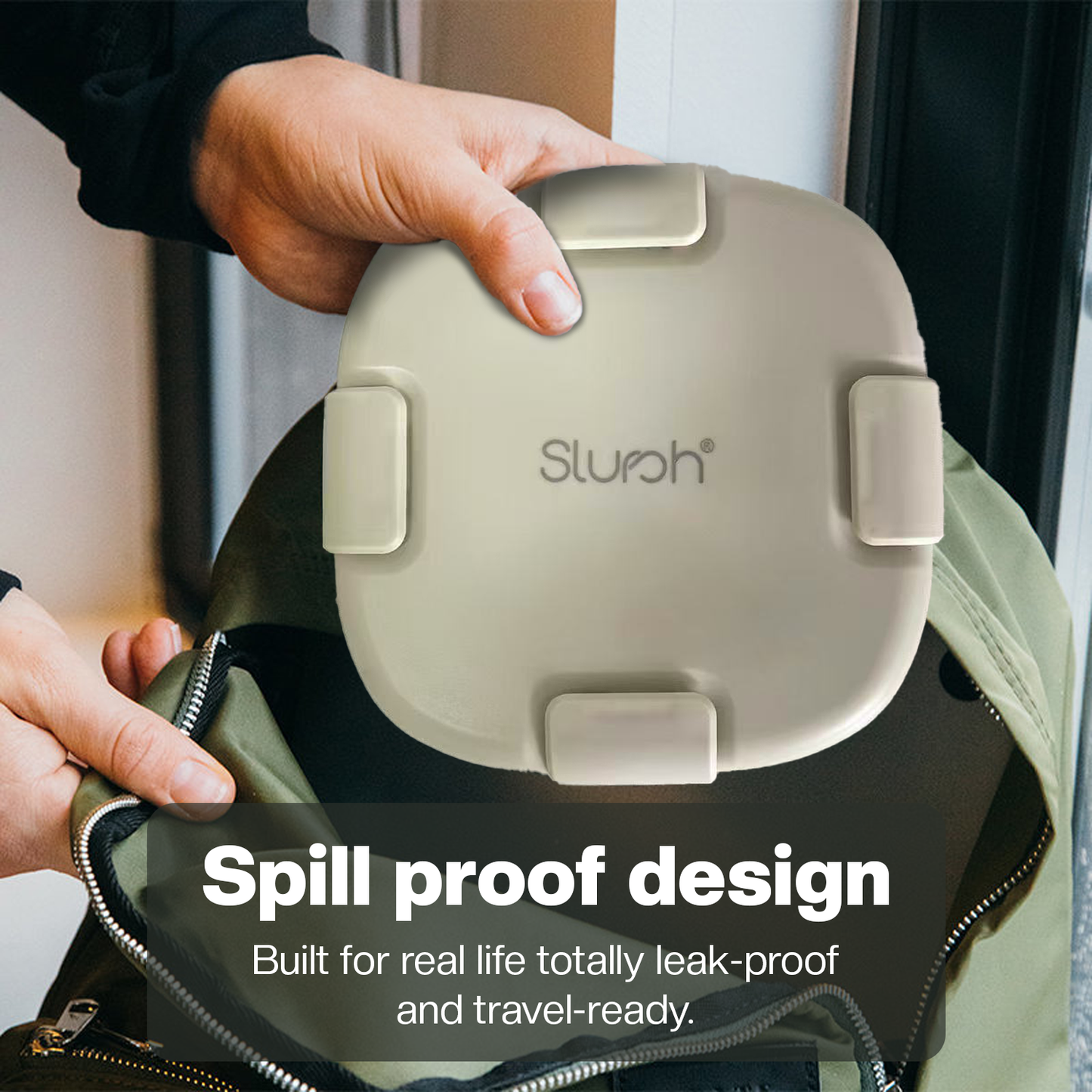 Green spill-proof Slursh Collapsible silicone box held by a person with text highlighting its features.