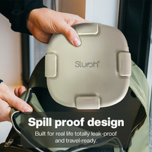 Green spill-proof Slursh Collapsible silicone box held by a person with text highlighting its features.