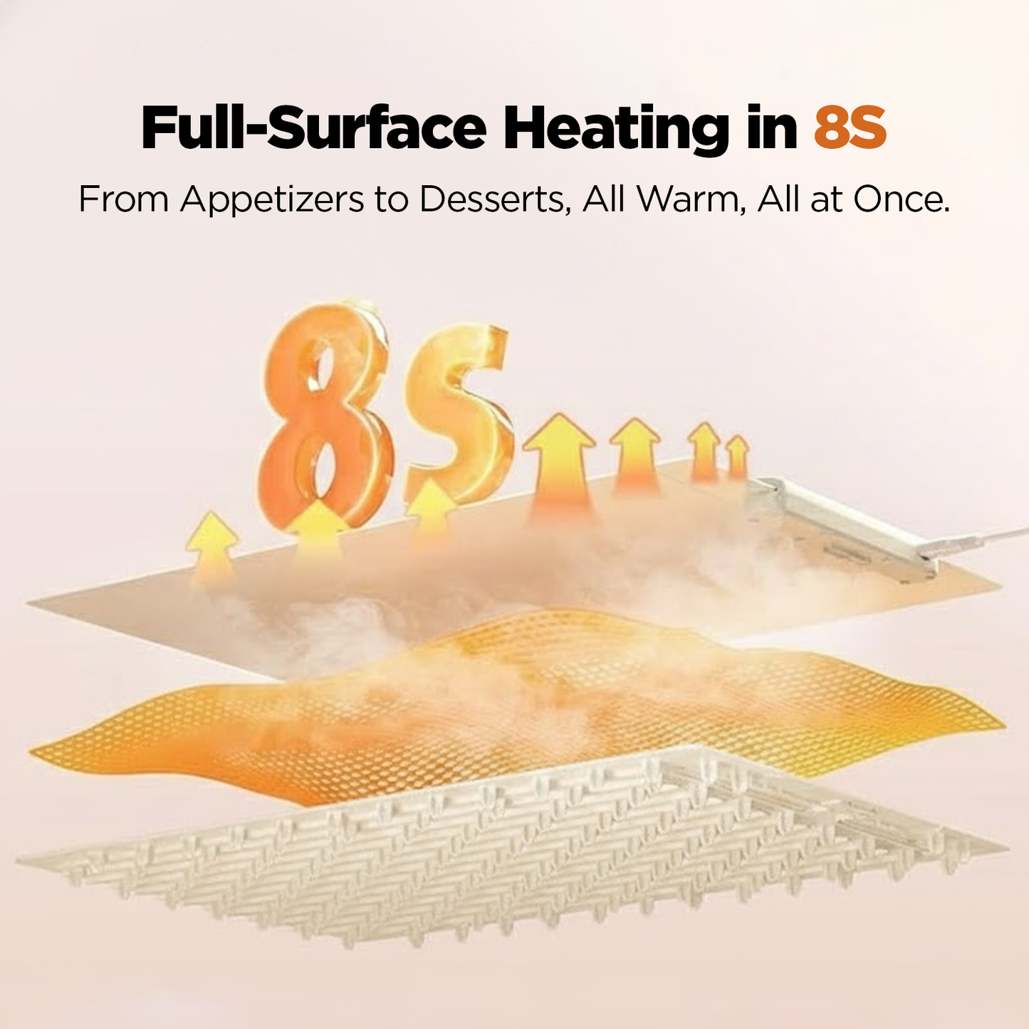 Slursh food warming tray with full-surface heating feature, showing '8Sec' and text about quick warming.