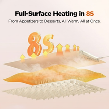 Slursh food warming tray with full-surface heating feature, showing '8Sec' and text about quick warming.