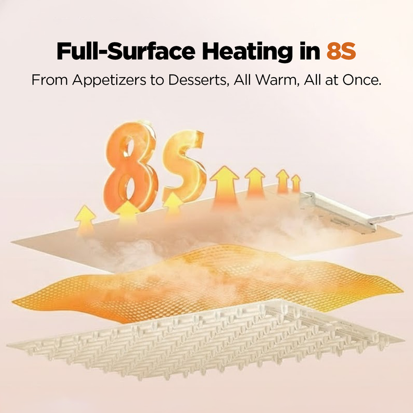 Slursh food warming tray with full-surface heating feature, showing '8Sec' and text about quick warming.