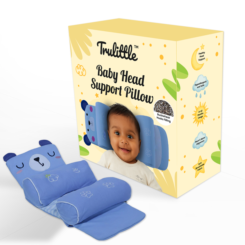 Trulittle baby head support pillow with packaging featuring a child's face and 'Trulittle' branding.