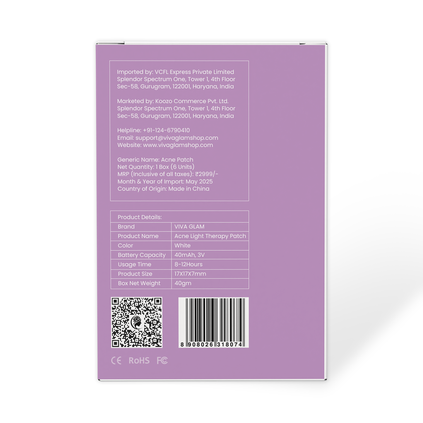 Back side of packaging of viva glam acne light therapy patch with product details and branding on a white background
