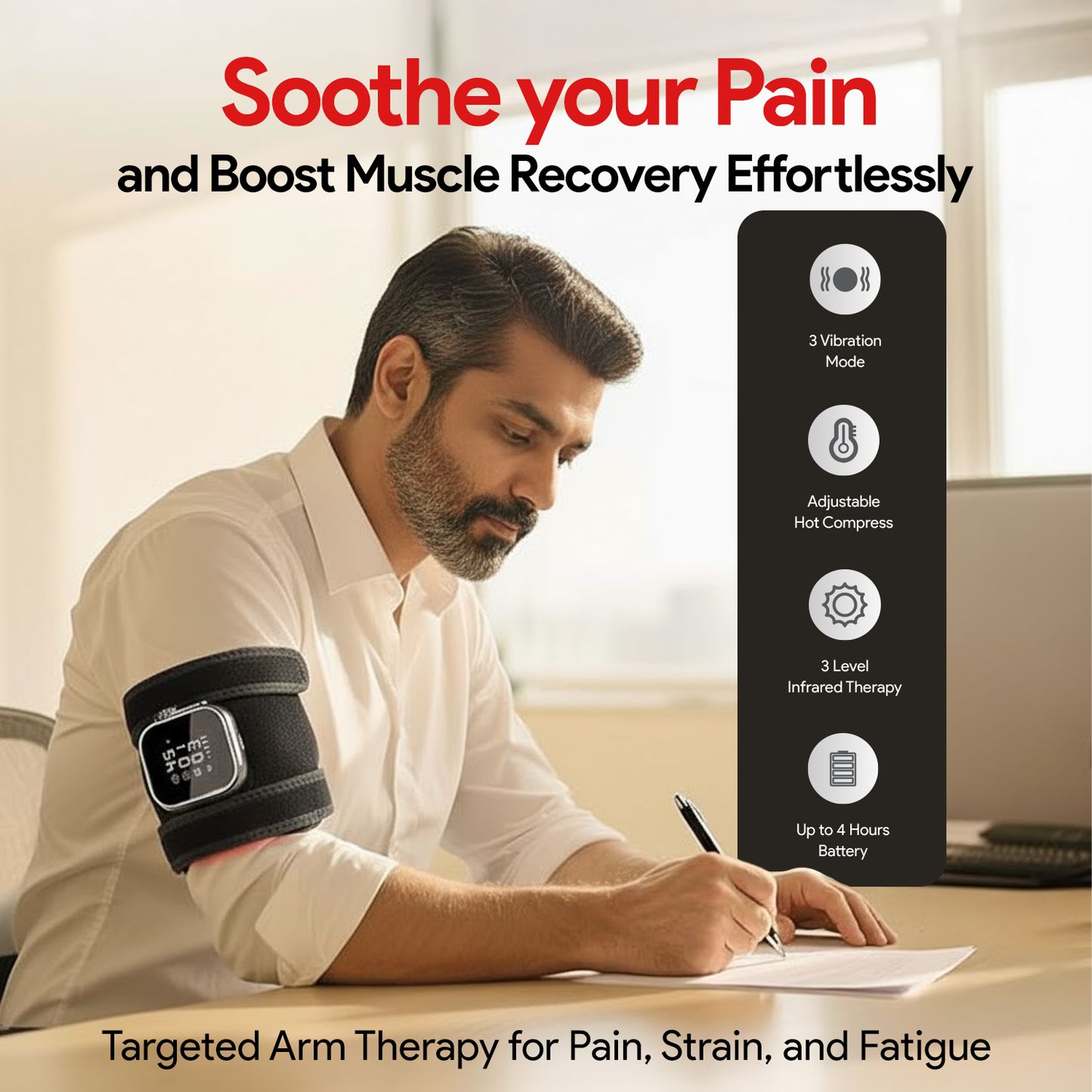 Man using Nuwelo Infraheat vibration patch on arm for targeted pain relief with text about pain relief and muscle recovery.