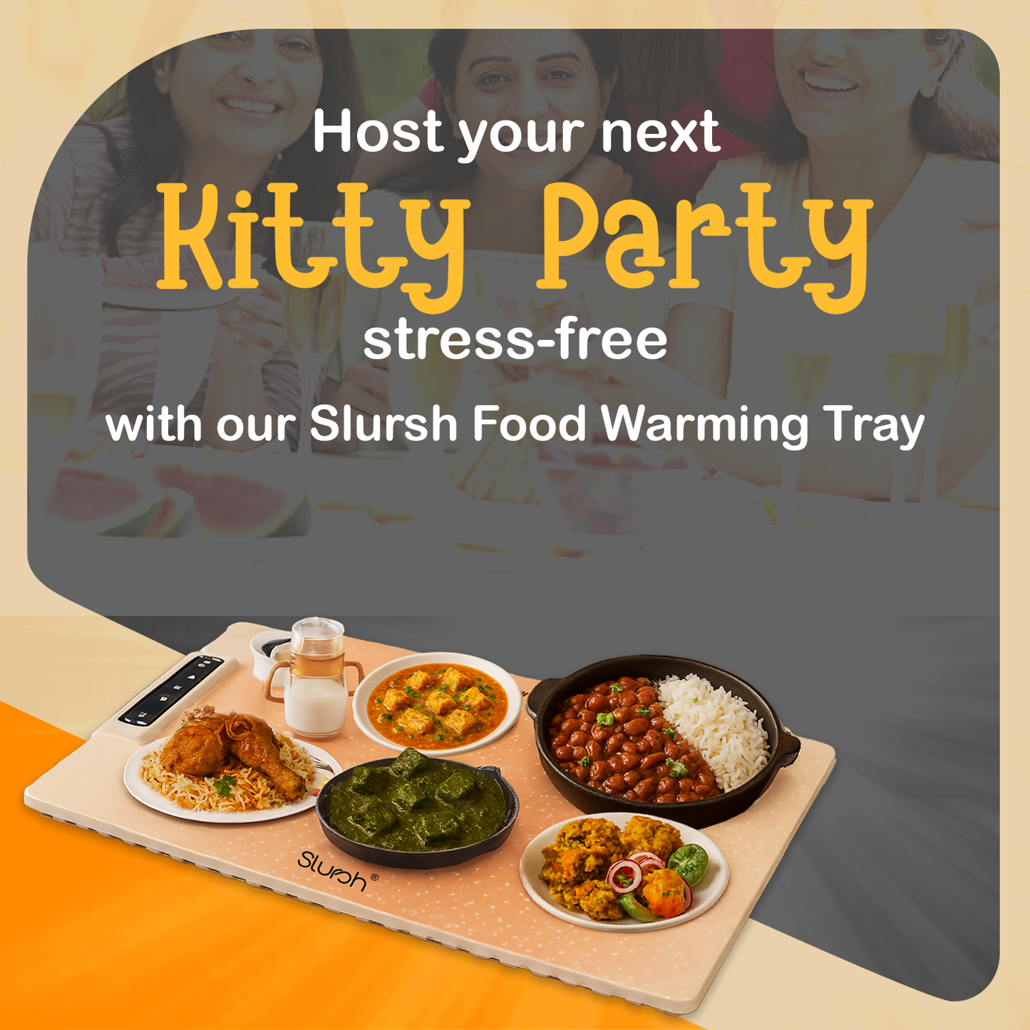 Slursh Food Warming Tray for kitty party with food on a tray and people in the background.