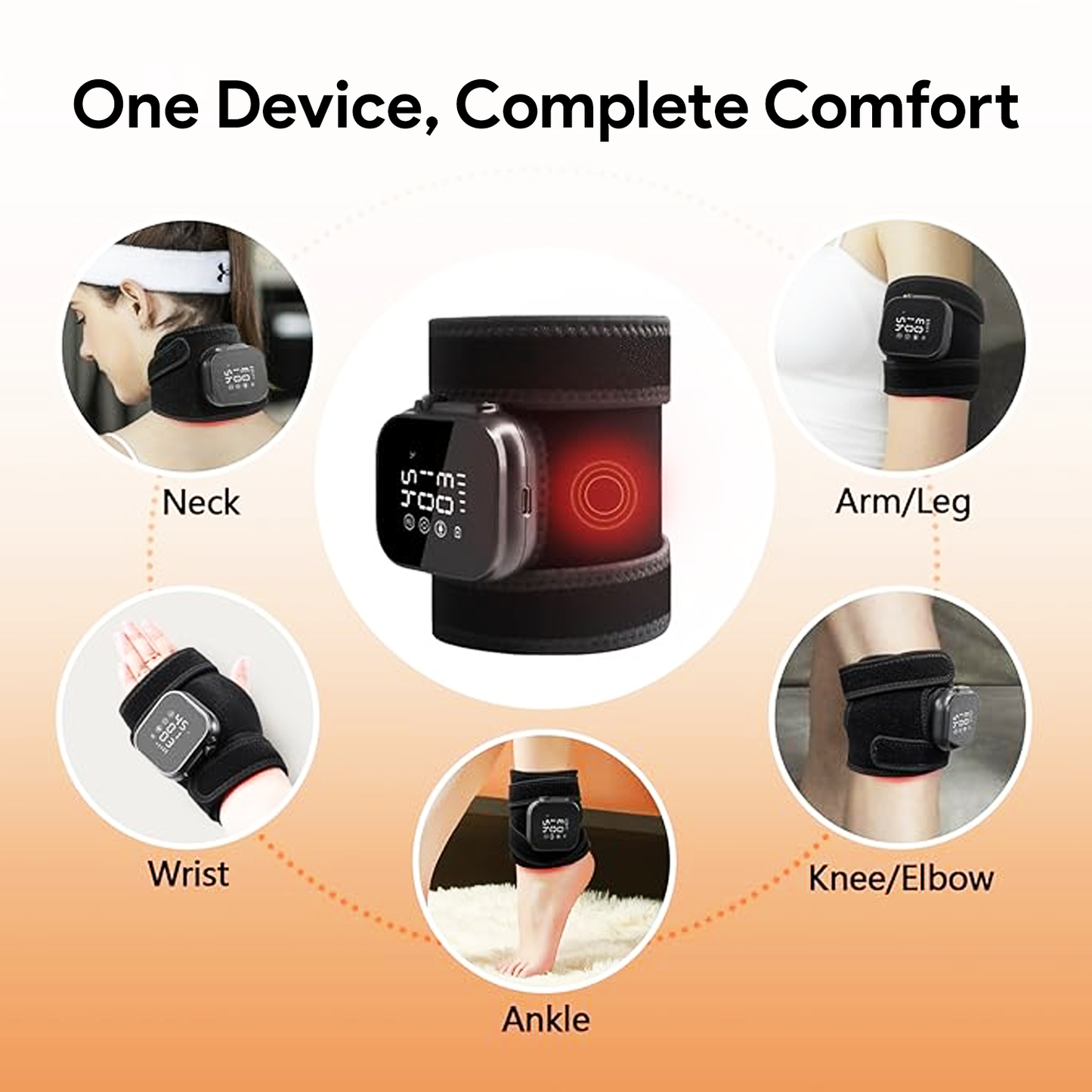 Nuwelo InfraHeat Vibration Patch for pain managemnet with various application areas on a gradient background