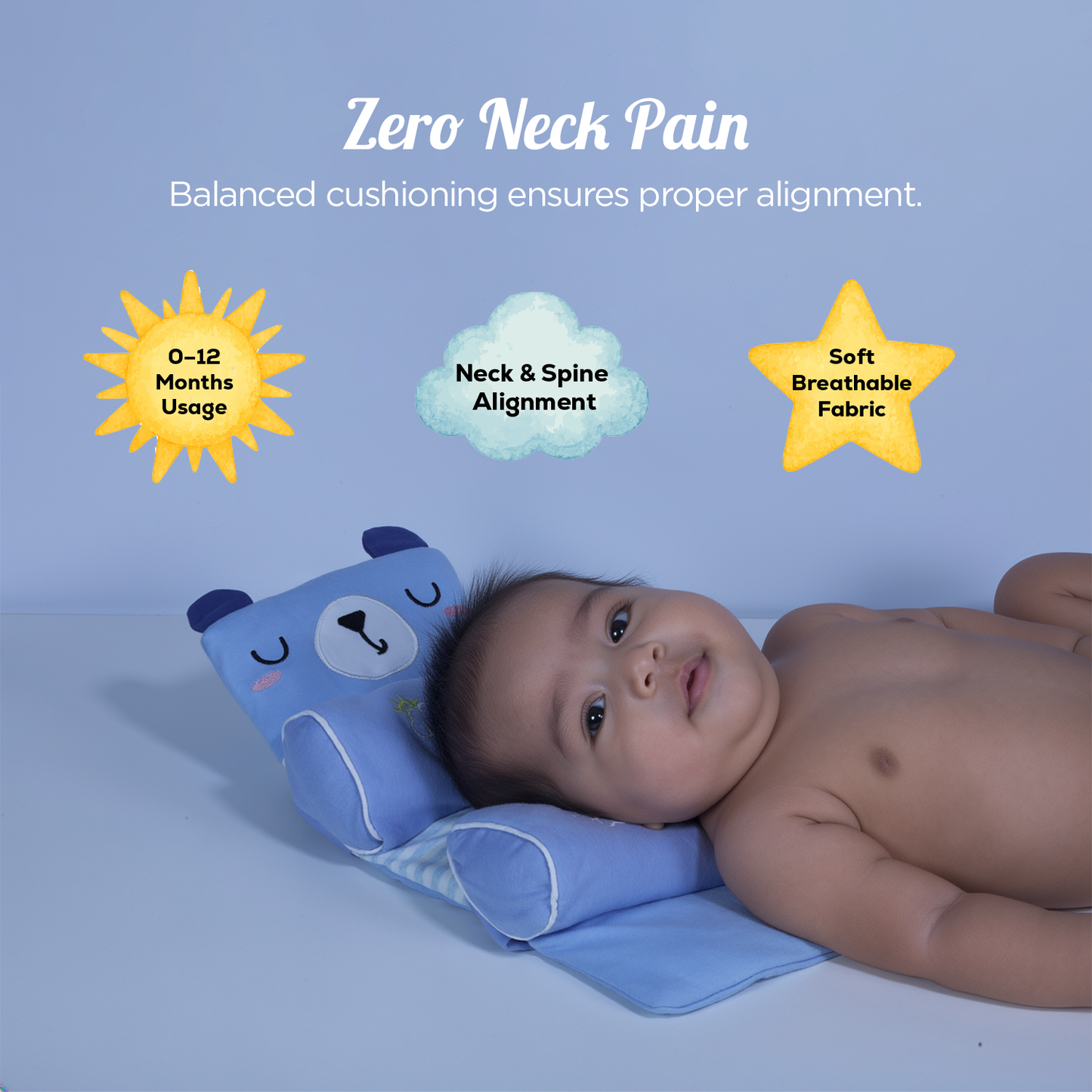 Baby lying on a blue trulittle baby head support pillow with bear design, featuring text about neck pain relief and product features.