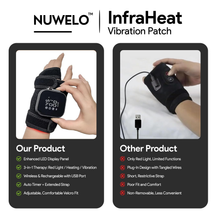 Nuwelo InfraHeat Vibration Patch with product comparison on a white background