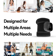 Nuwelo InfraHeat Vibration Patch being used in various scenarios with the text 'Designed for Multiple Areas Multiple Needs' on a white background.