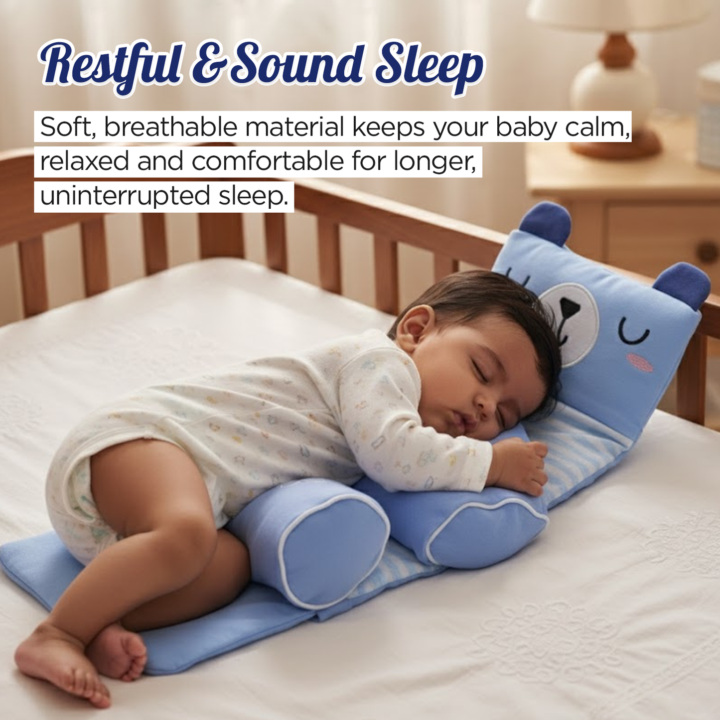 Baby sleeping on a trulittle baby head support pillow with bear ears in a crib, text about restful sleep.