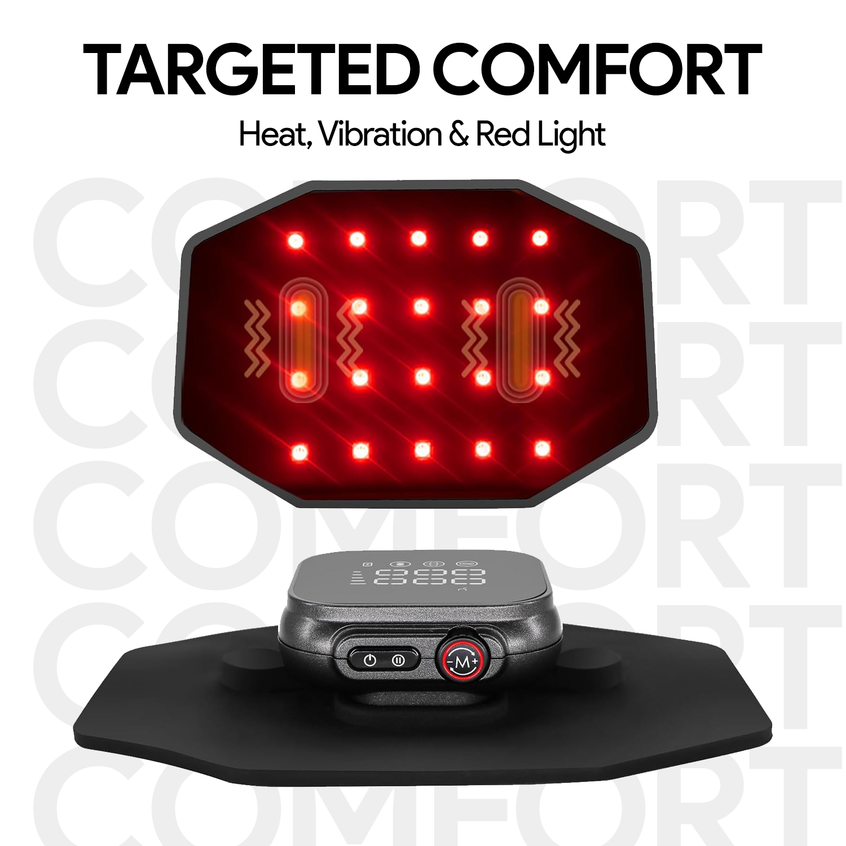 InfraHeat Vibration Patch with red lights on a white background, featuring text about targeted comfort.