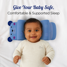 Baby lying on a trulitlle baby head support pillow with text about safe and supported sleep