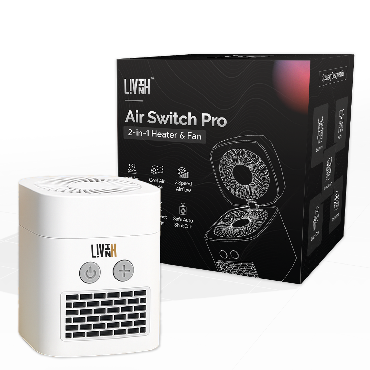 White LivinH 2-in-1 heater and fan with LivinH branding next to its packaging on a white background