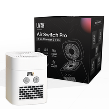 White LivinH 2-in-1 heater and fan with LivinH branding next to its packaging on a white background