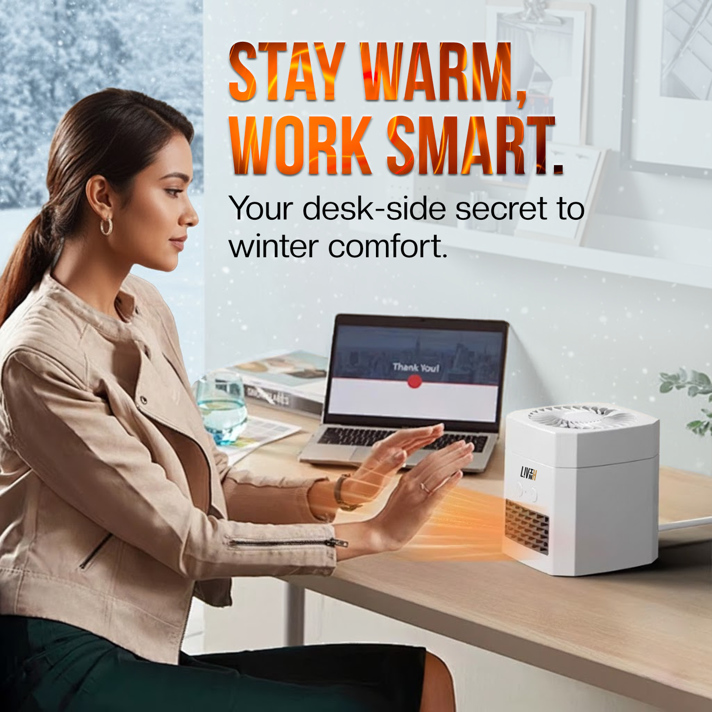 Woman at a desk with a laptop, using white  LivinH Air Switch Pro 2 in 1 heater and fan, with text 'Stay Warm, Work Smart' in the background.