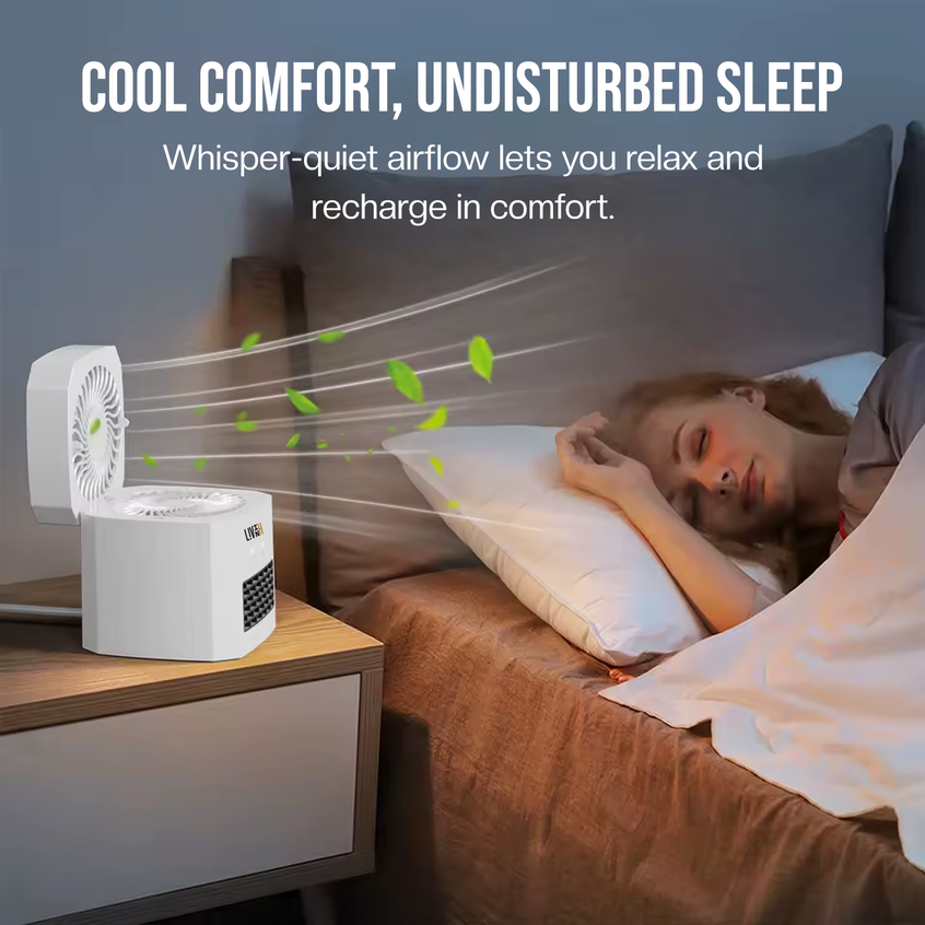 LivinH Air Switch Pro on a nightstand with a person sleeping in bed, emphasizing cool comfort and undisturbed sleep.