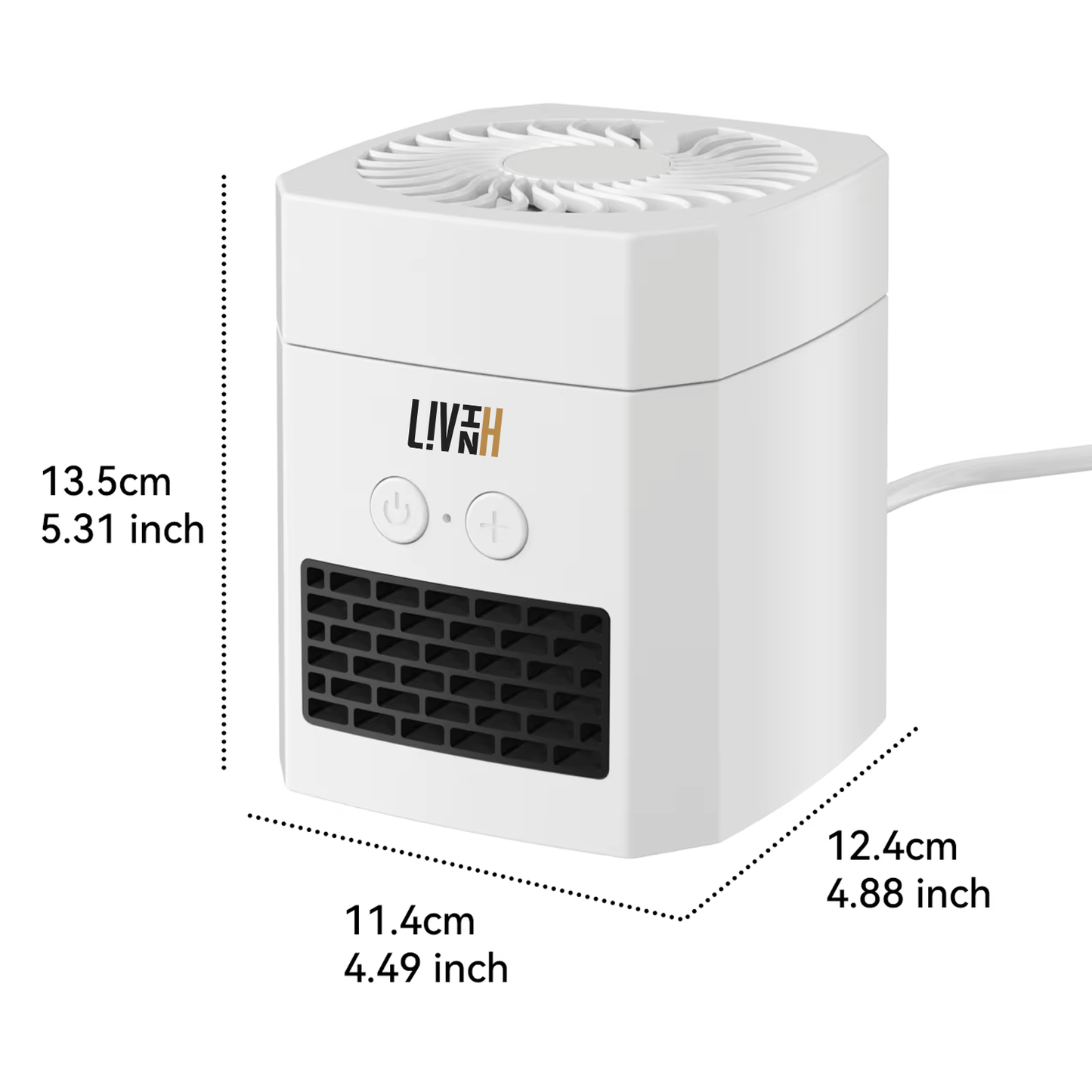 LivinH Air Switch Pro 2 in 1 heater and fan with dimensions labeled on a white background