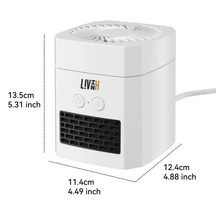LivinH Air Switch Pro 2 in 1 heater and fan with dimensions labeled on a white background