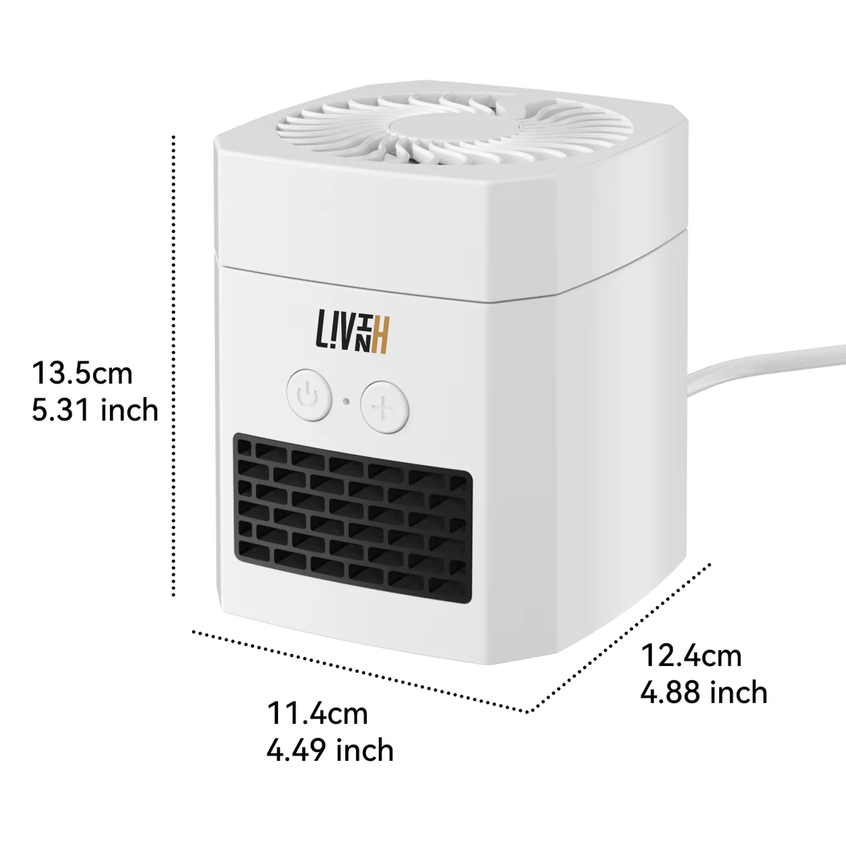 LivinH Air Switch Pro 2 in 1 heater and fan with dimensions labeled on a white background